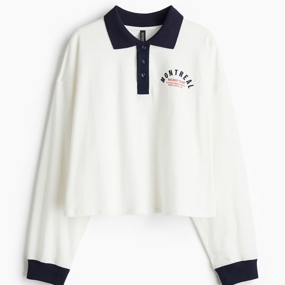 H&M White Long Sleeve Polo Tee with Navy Collar